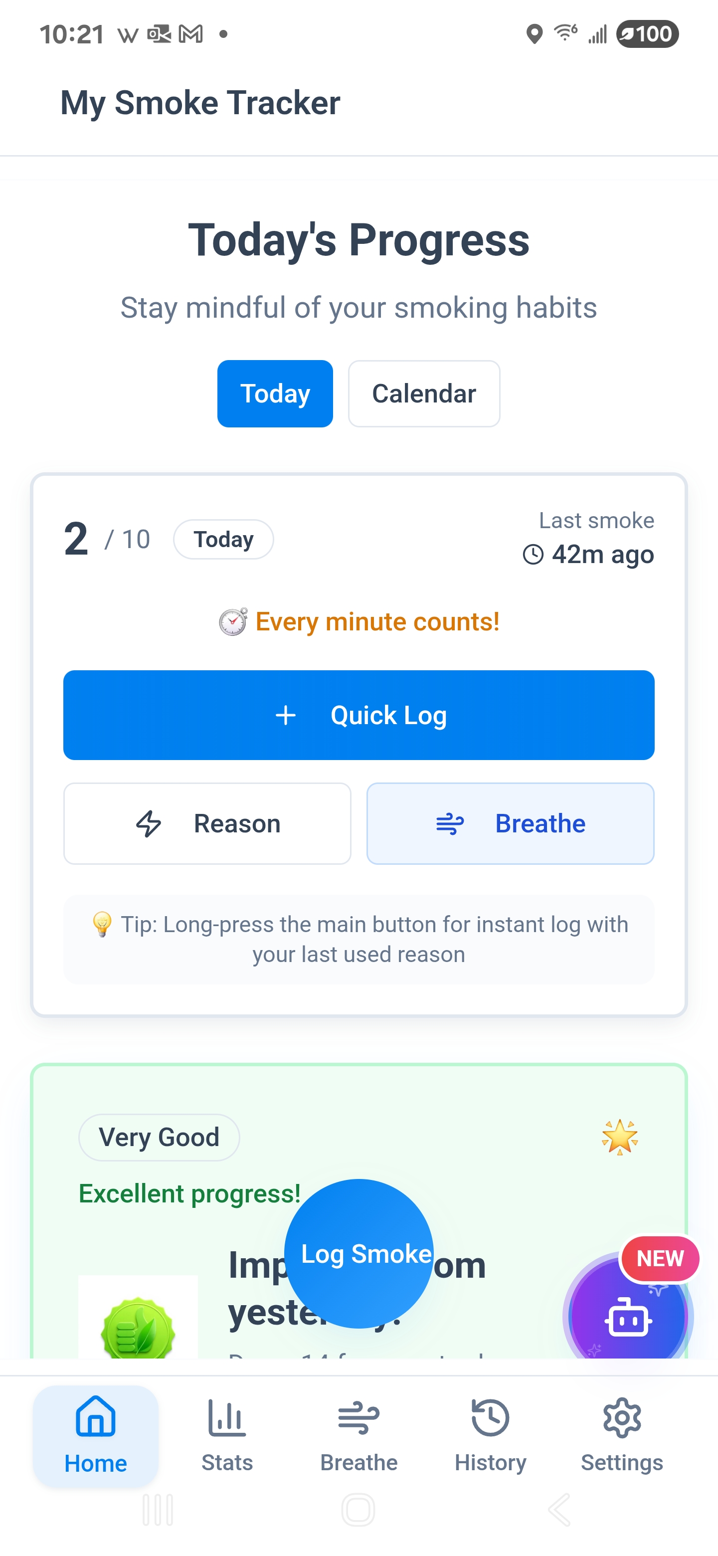 Home Screen - Daily progress tracking with quick cigarette logging